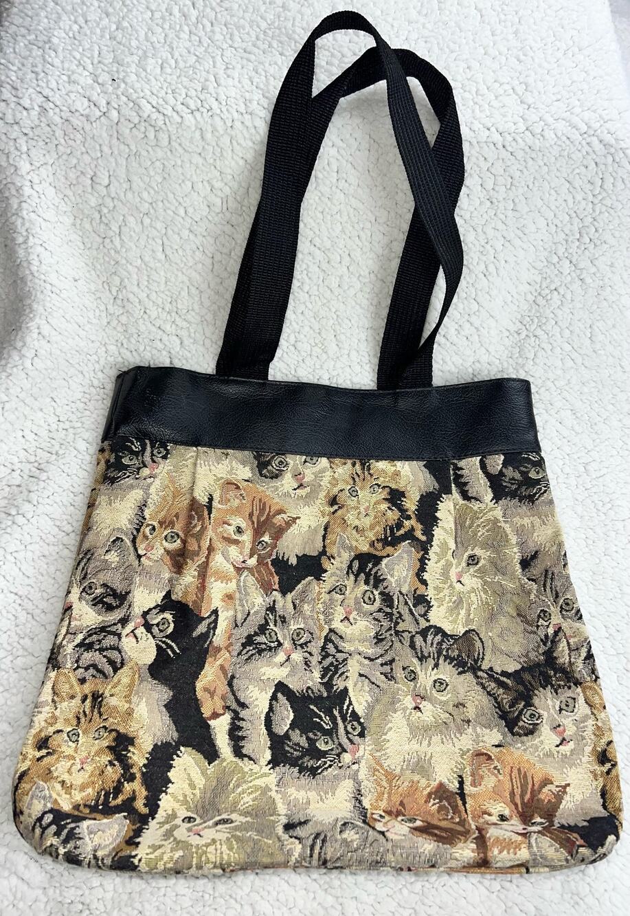 Vintage leather trim cat canvas tote
